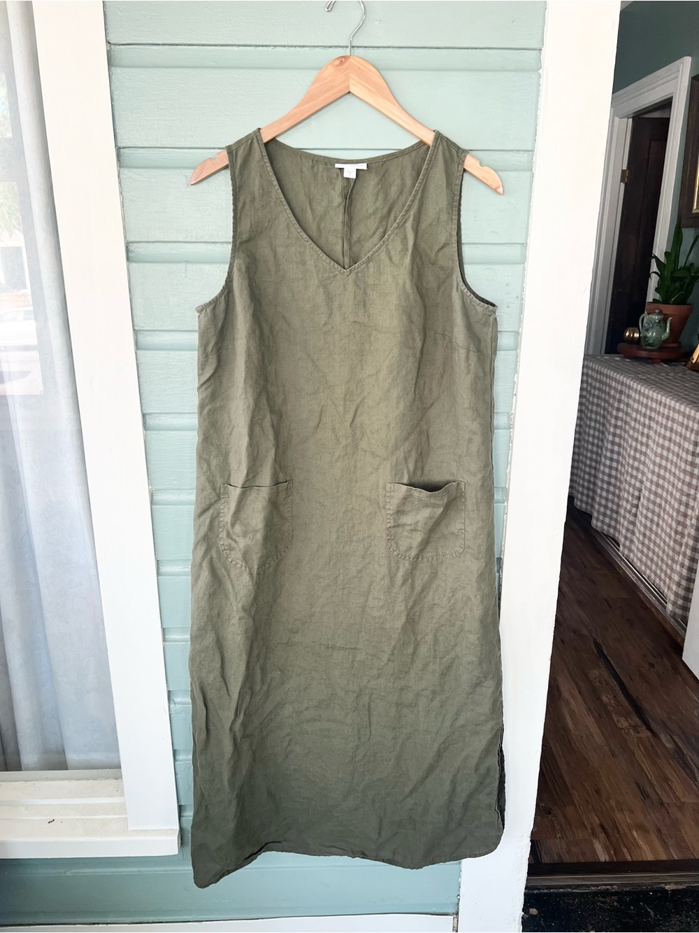 J Jill 100% linen olive green sleeveless dress pocket front natural materials M